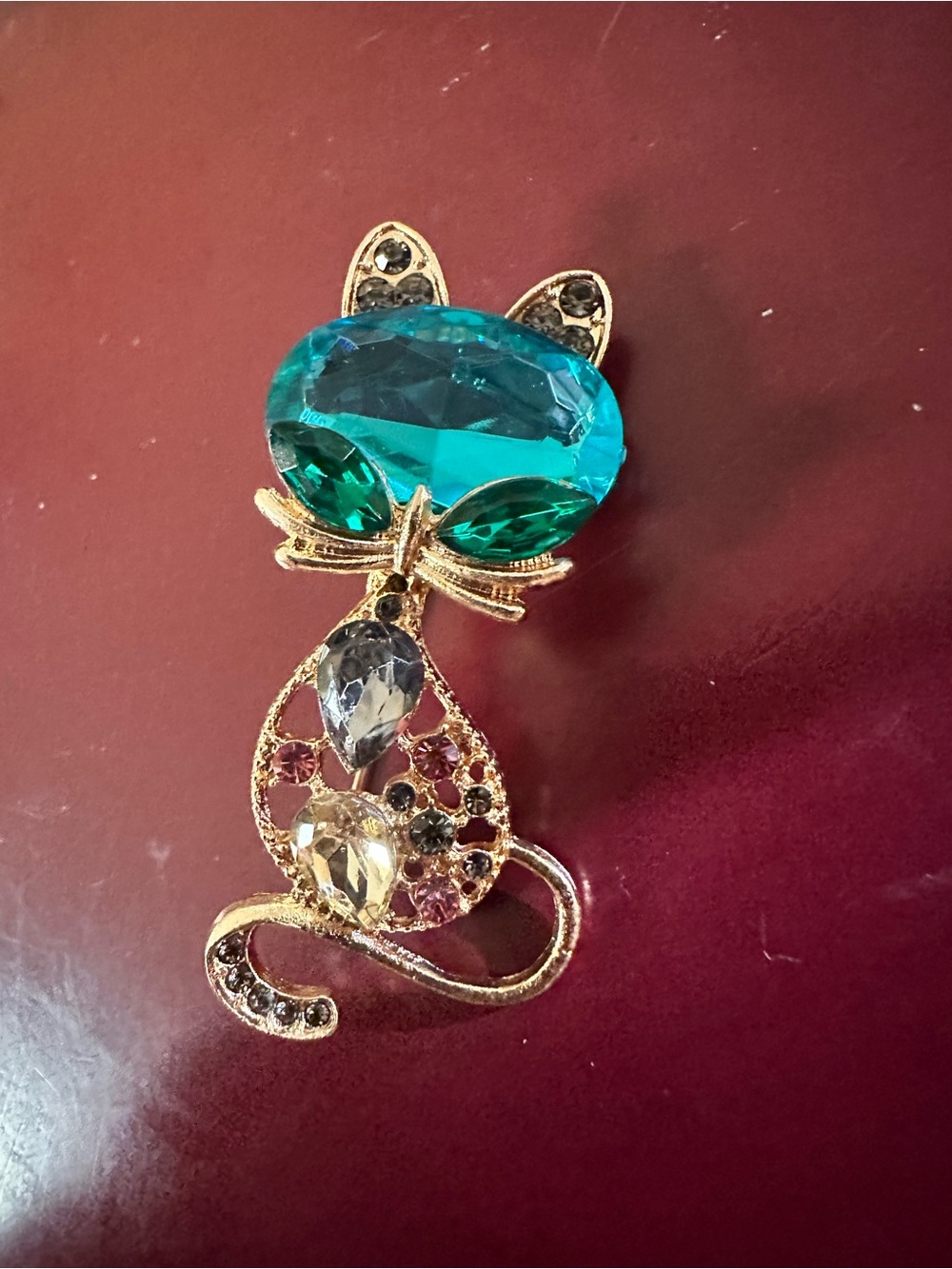 Gold-Tone Cat Brooch with Teal & Green Crystals